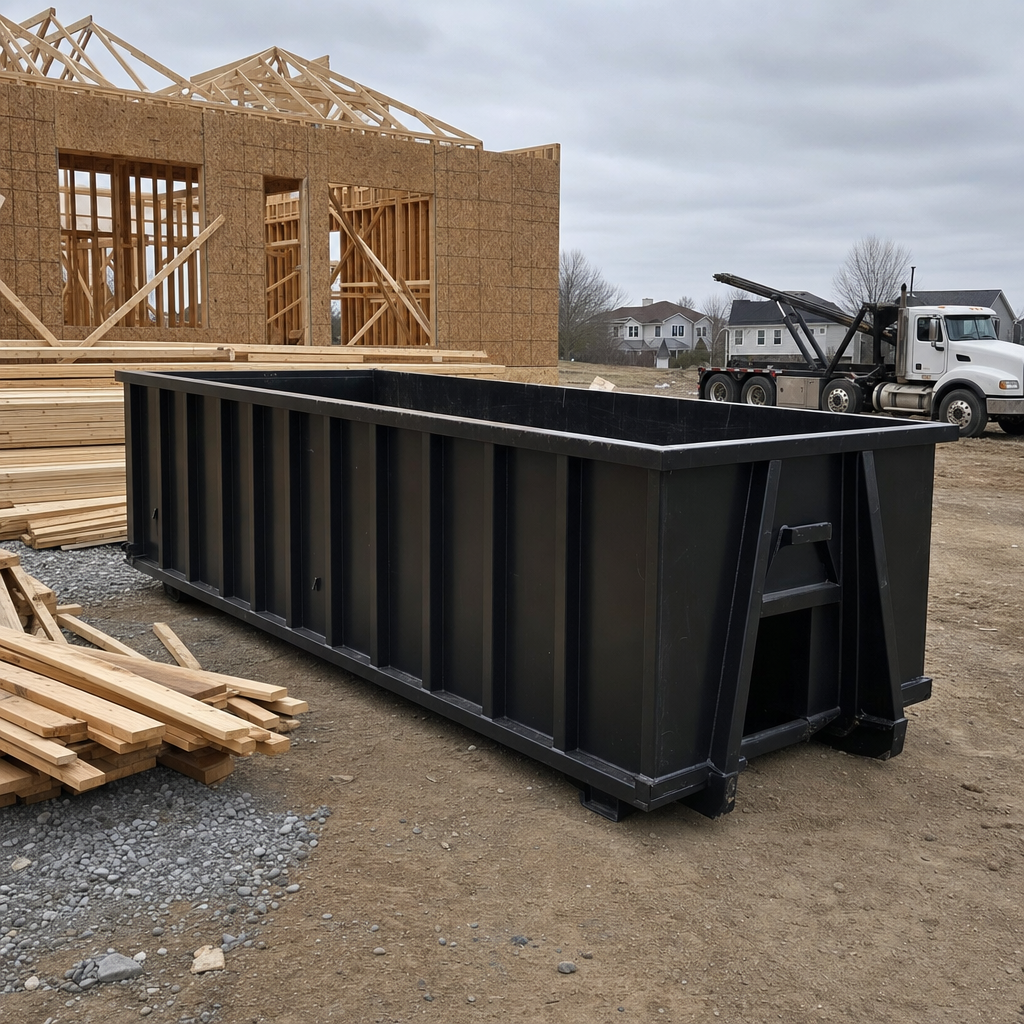 Matte-black 40-yard roll-off dumpster staged on a framed-out residential construction site in San Francisco, framing lumber stacked nearby, hooklift delivery truck visible in the background under bright Colorado daylight