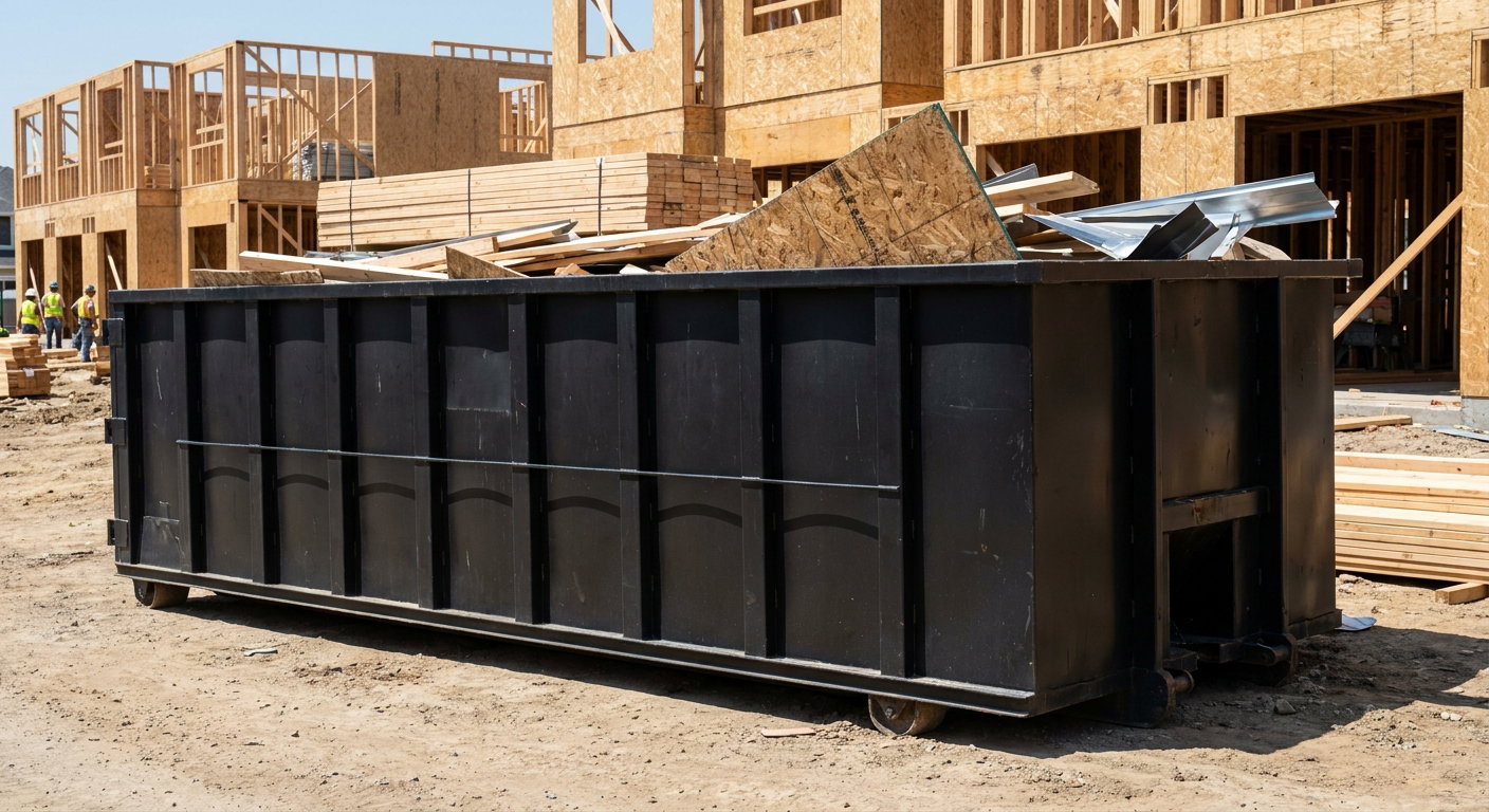 Matte-black 40-yard roll-off construction dumpster being lowered from a white-cab hooklift delivery truck onto the compacted-dirt jobsite at a commercial build site in San Francisco
