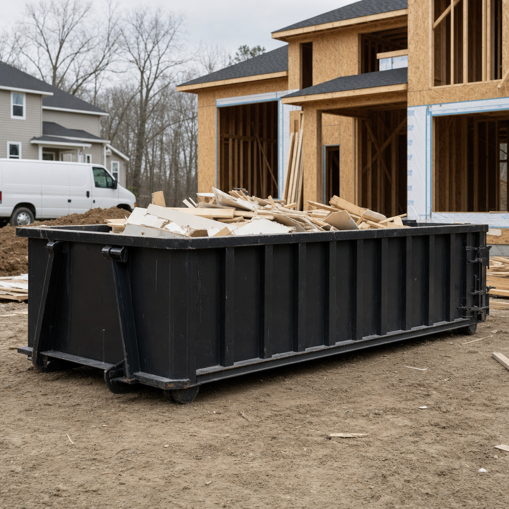 Worker in a yellow high-visibility vest tossing framing lumber and broken drywall into a matte-black 30-yard construction roll-off dumpster on an active build site in San Francisco, bright daylight