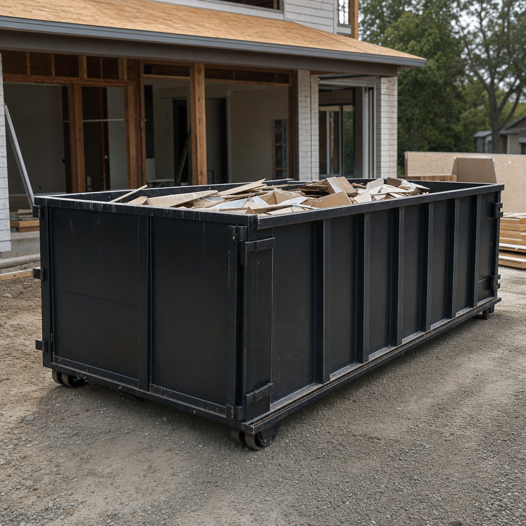 Large matte-black 30-yard construction roll-off dumpster at an active San Francisco jobsite, steel-gray top rails and bottom rollers visible, loaded with construction debris.