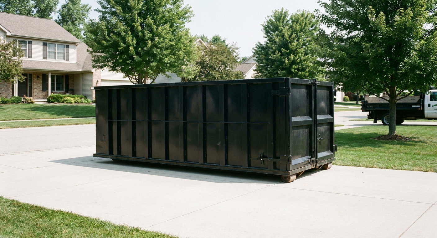 Matte-black 20-yard roll-off dumpster sitting level on a clean San Francisco residential concrete driveway under bright daylight, demonstrating clean placement directly on the concrete.