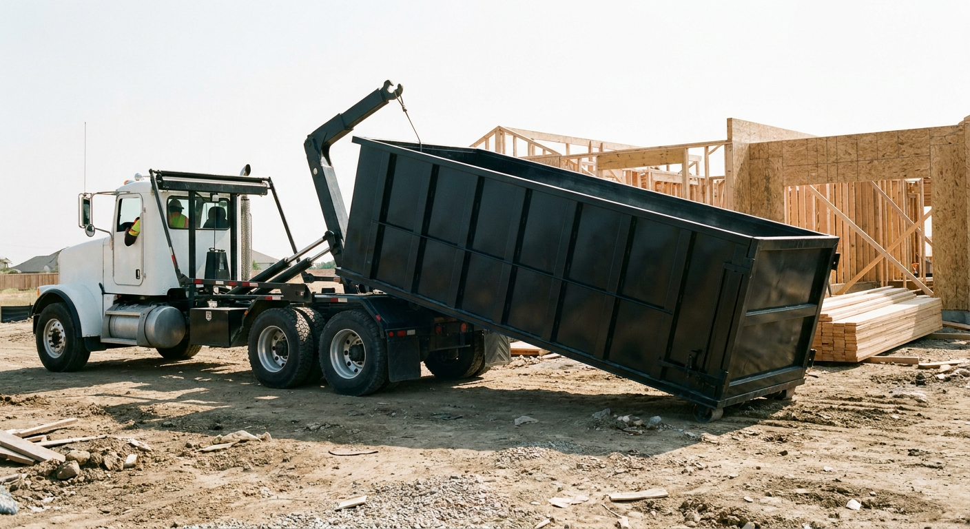 Matte-black roll-off dumpster being delivered onto a clean residential concrete driveway in San Francisco by an unmarked white hooklift hauler truck, bright morning daylight, documentary 35mm perspective.