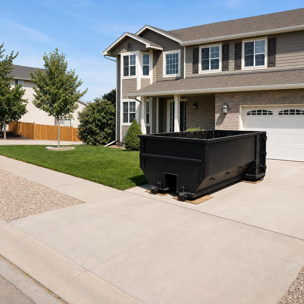 10-yard matte-black residential dumpster placed directly on a narrow San Francisco concrete driveway, room remains for a parked sedan beside it, mid-morning natural light