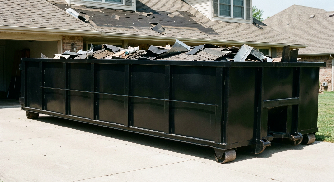 Matte-black 20-yard roofing roll-off dumpster with steel ribbed sides and swinging rear door, sitting directly on the concrete driveway of a two-story San Francisco home, asphalt shingle debris being loaded over the low wall, clean documentary lighting.