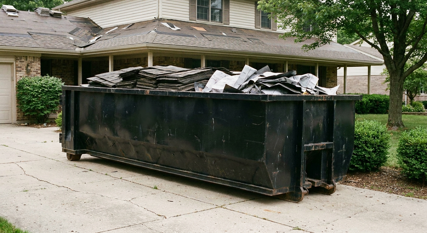 Matte-black 30-yard roofing roll-off dumpster sitting directly on a San Francisco concrete driveway, taller ribbed steel side panels, mixed tear-off debris of asphalt shingles and underlayment inside, professional documentary daylight.