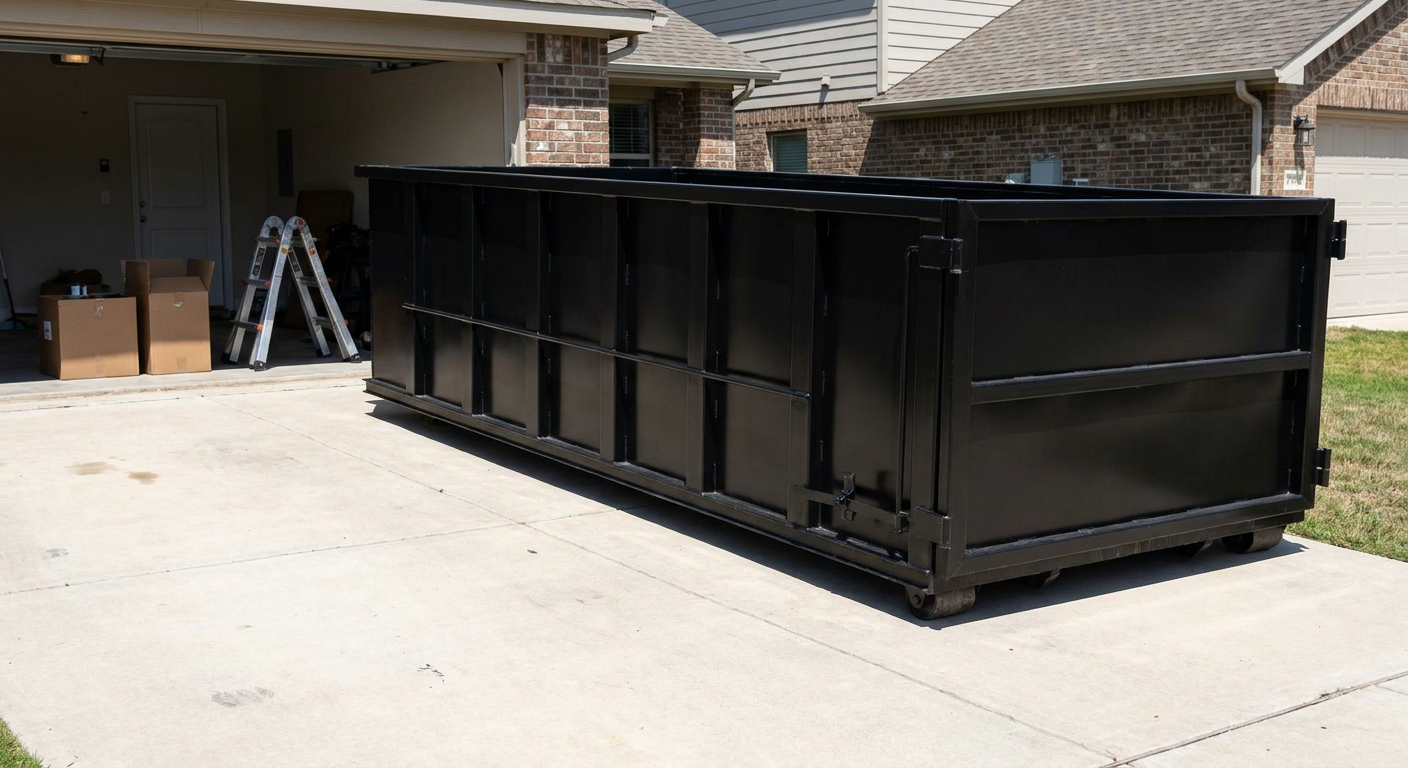 A matte-black 10-yard roll-off dumpster sitting directly on a residential San Francisco concrete driveway, mid-day sunlight, clean and ready for a garage cleanout.