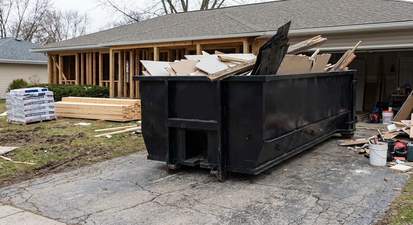 A matte-black 20-yard roll-off dumpster placed alongside a mid-renovation San Francisco home directly on the asphalt driveway, with framing materials and torn-off shingles staged neatly nearby.