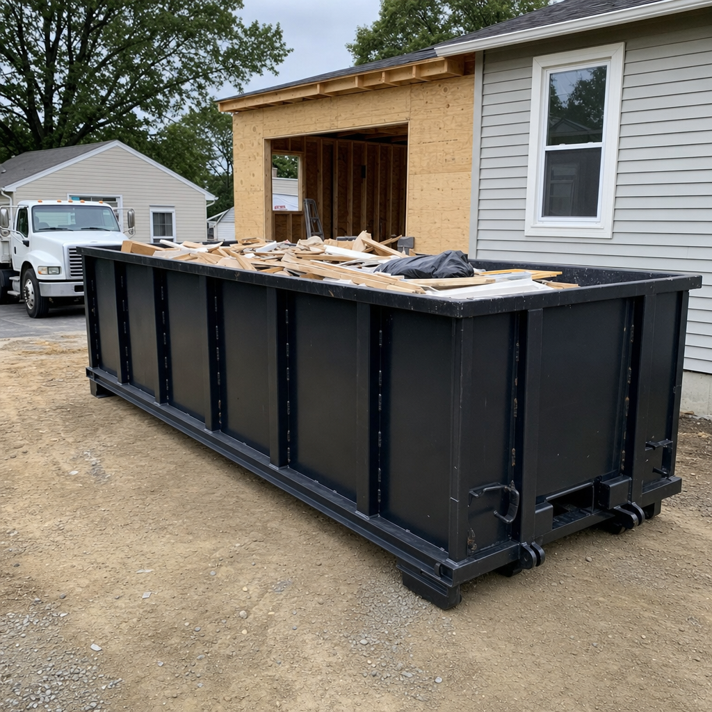 A matte-black 30-yard roll-off dumpster positioned at a San Francisco residential addition jobsite, with framing lumber and drywall scraps loaded through the open swinging rear doors.