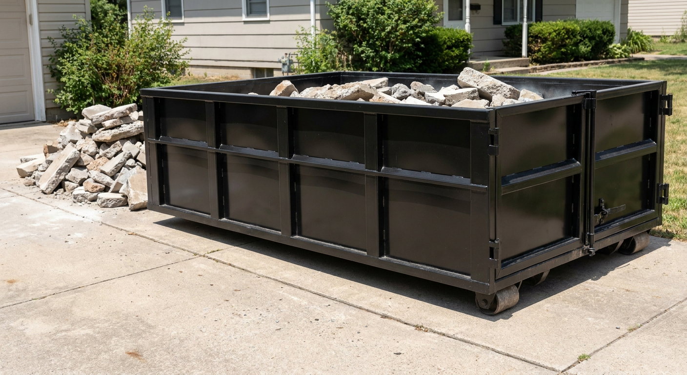A matte-black low-side heavy-debris roll-off dumpster placed directly on a San Francisco concrete driveway, with broken concrete chunks neatly stacked beside it under clean daylight.